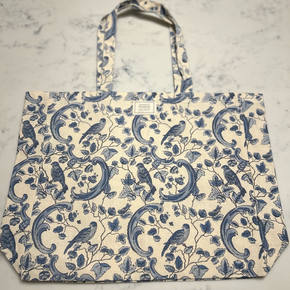 Sézane x Antoinette Poisson Elegant Blue Birds and Cream Tote Bag